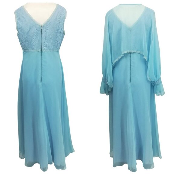 Vintage Bernie Bee Sport 70s Blue Lace Formal Party Dress Set Cape Size 14 M - Picture 3 of 16